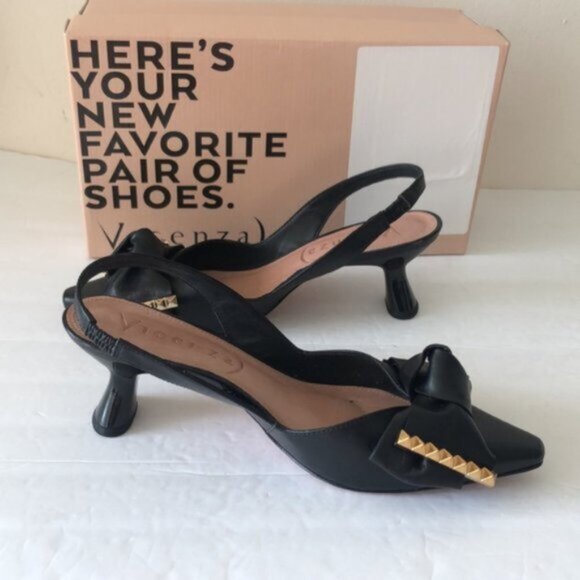 Anthropologie Vicenza Cartagena Sling Back Knot Black Leather Heels Sz 39 - Picture 10 of 12